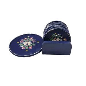 Set Of 6 Blue Floral Hand Painted Wood Folk Art Coasters, Stand & Large Coaster